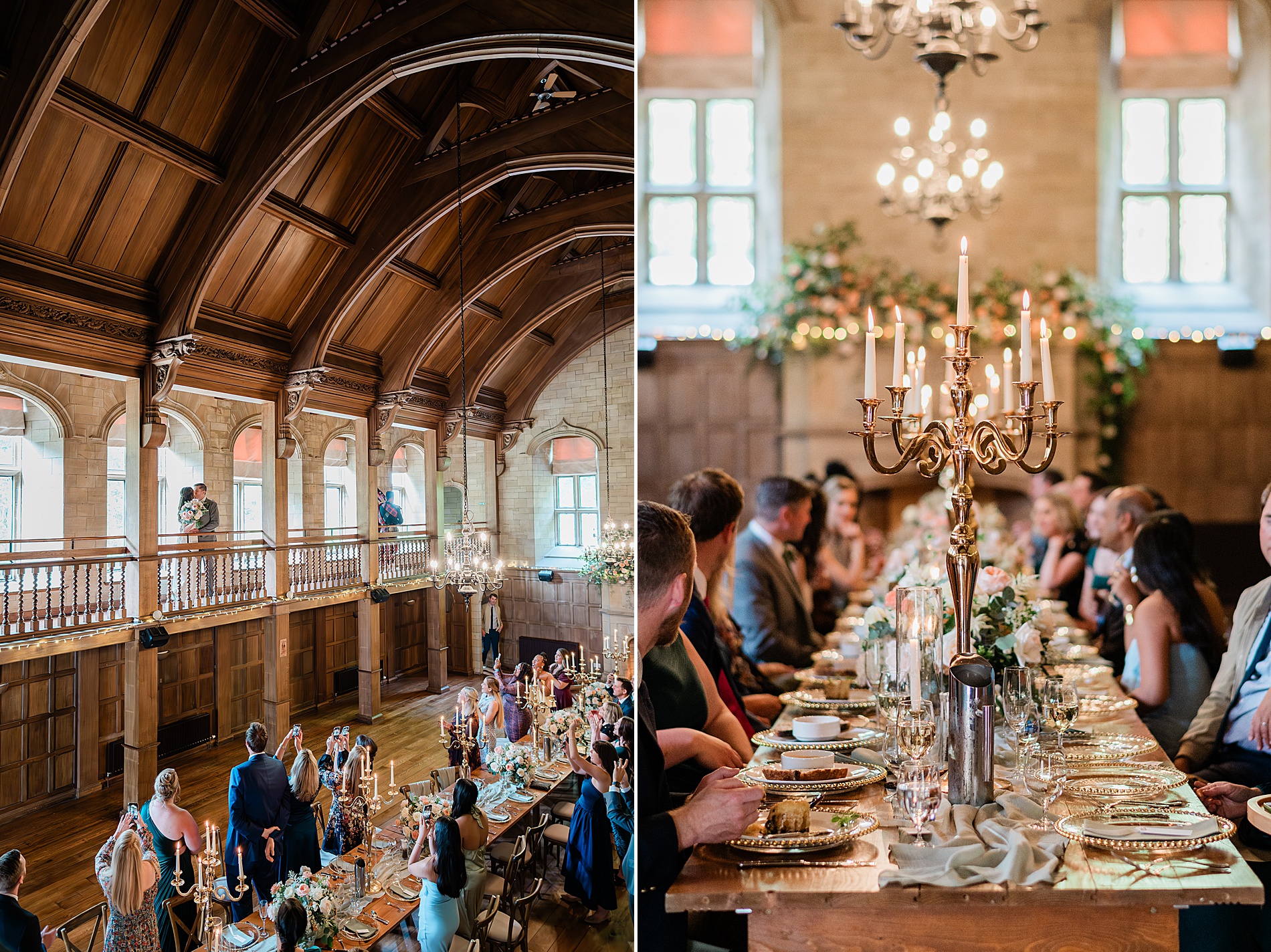 wedding guests gather around table at wedding reception 