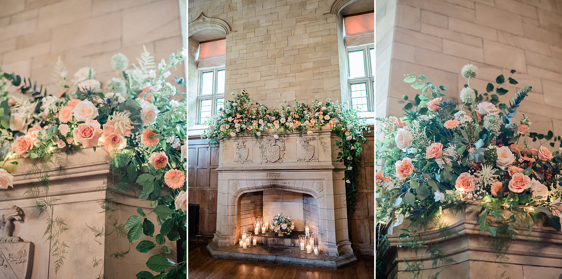 soft, romantic florals decorate fireplace in reception space 
