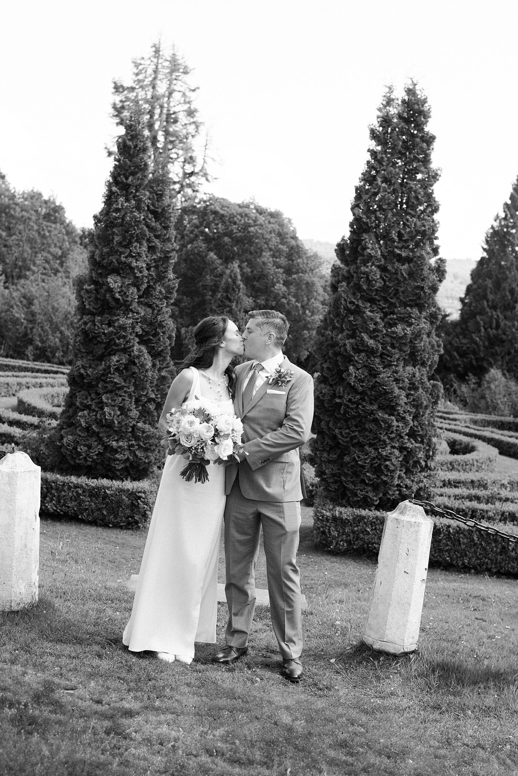 Wedding portraits in formal gardens at Achnagairn Castle