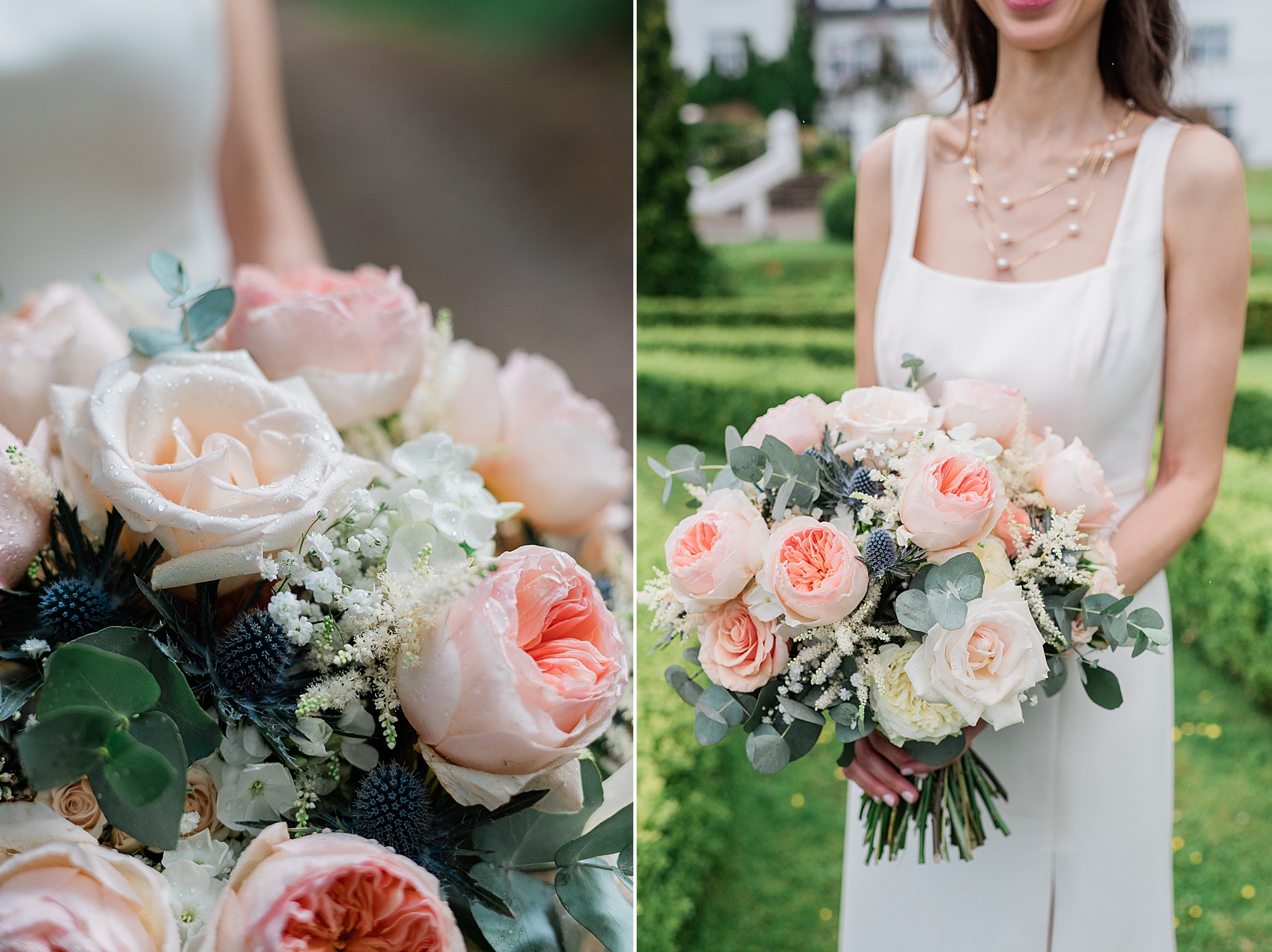 bride holds soft and romantic bridal bouquet