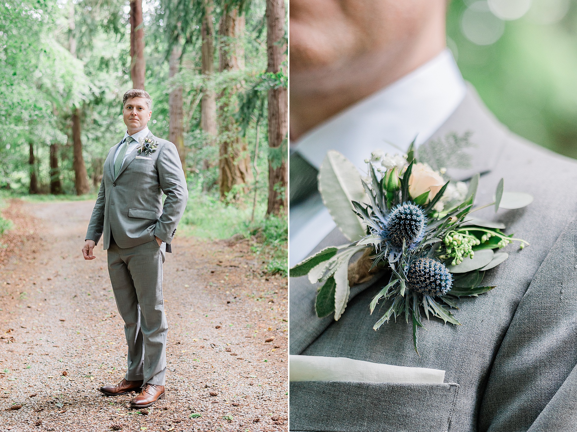 groom in gray suit and with boutonniere 