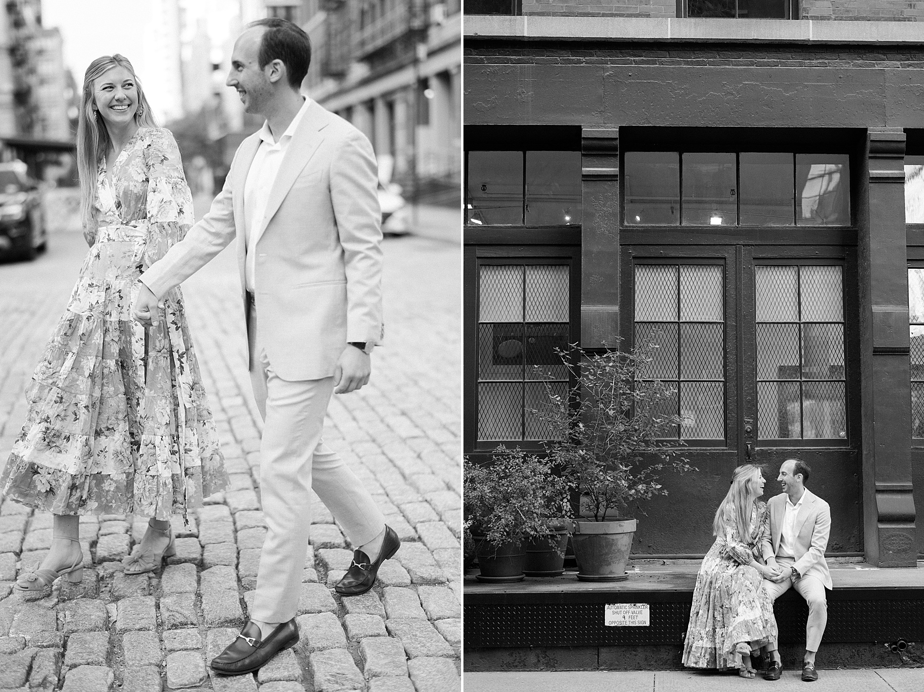 couple sit outside of coffee shop in Tribeca NYC