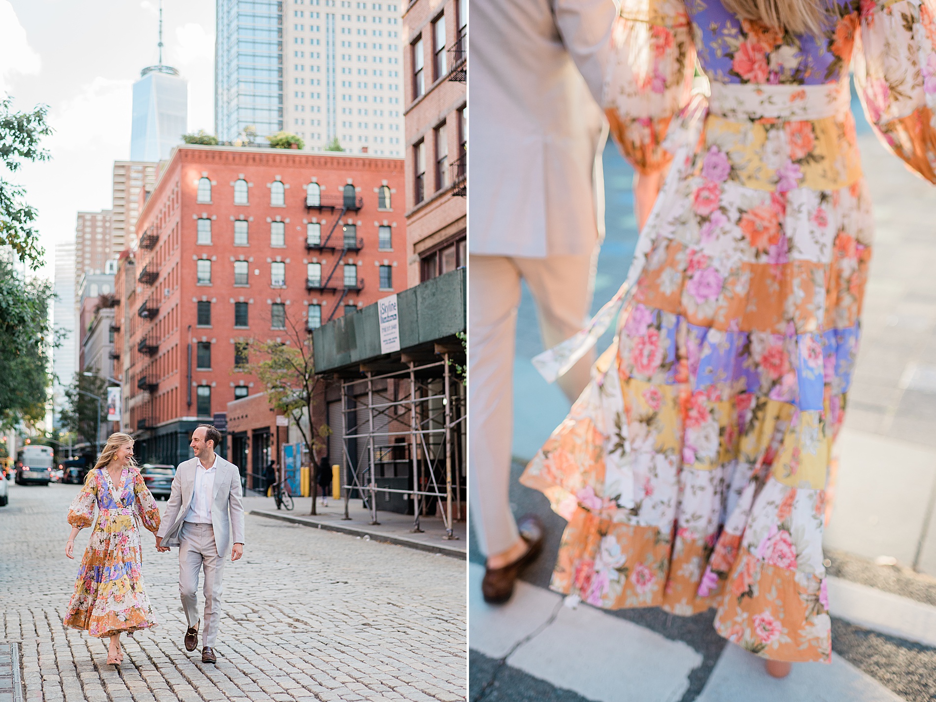 woman in colorful floral summer dress walks with fiancé
