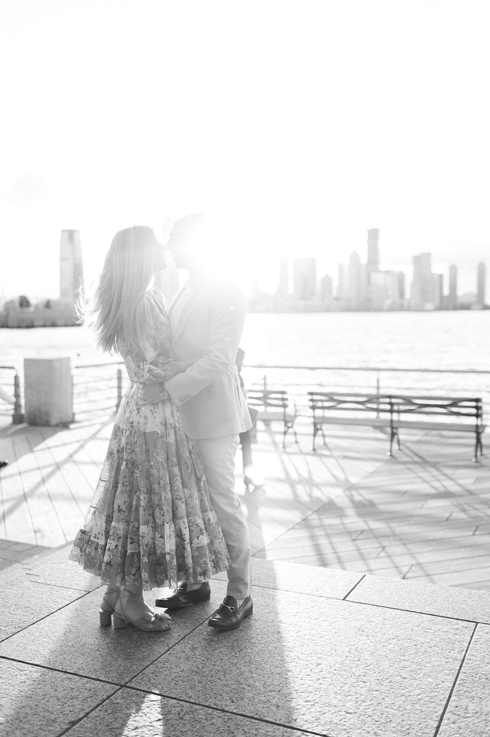 romantic engagement portraits by the water in Tribeca, NY