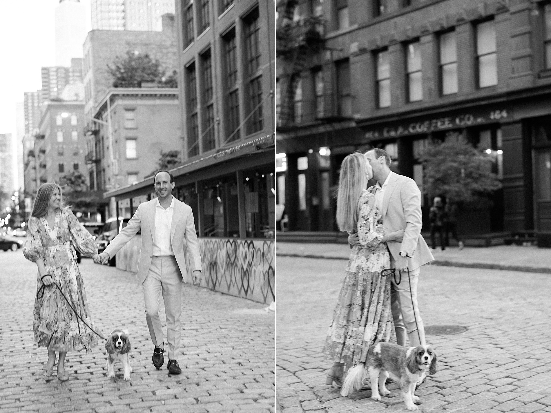 couple walk their dog down the street in neighborhood in Tribeca, NY 