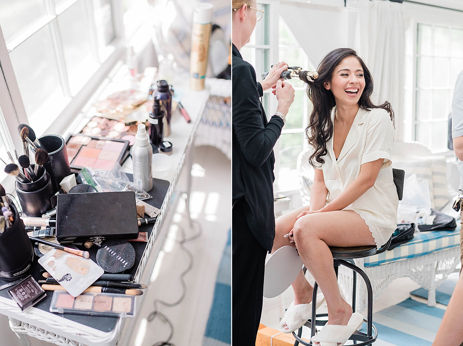 Bride getting hair and makeup done