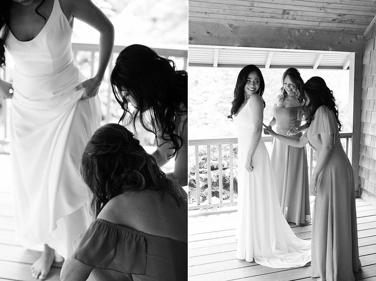 bride getting into wedding dress