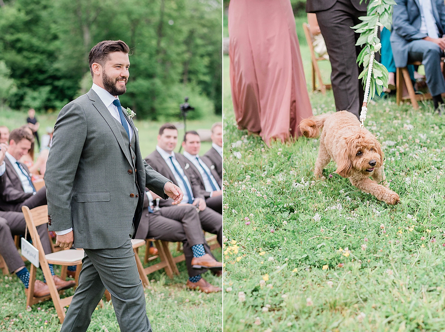 groom and dog walk down the aisle at wedding ceremony
