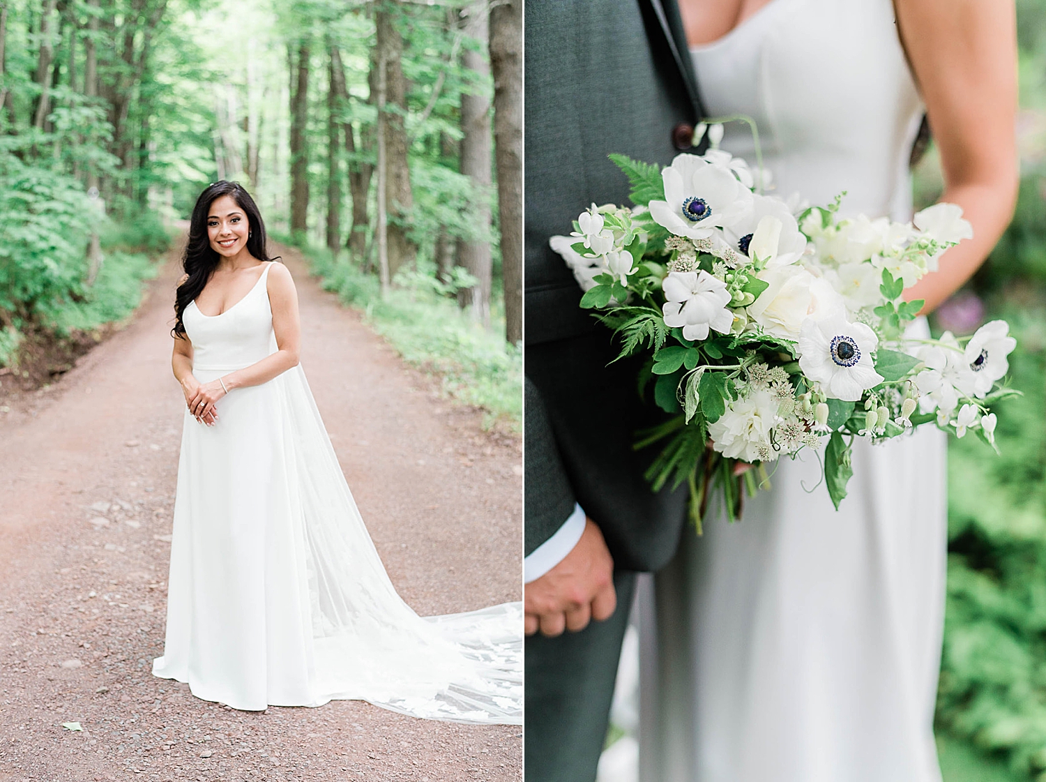 bride in wedding dress with clean and classic white bouquet