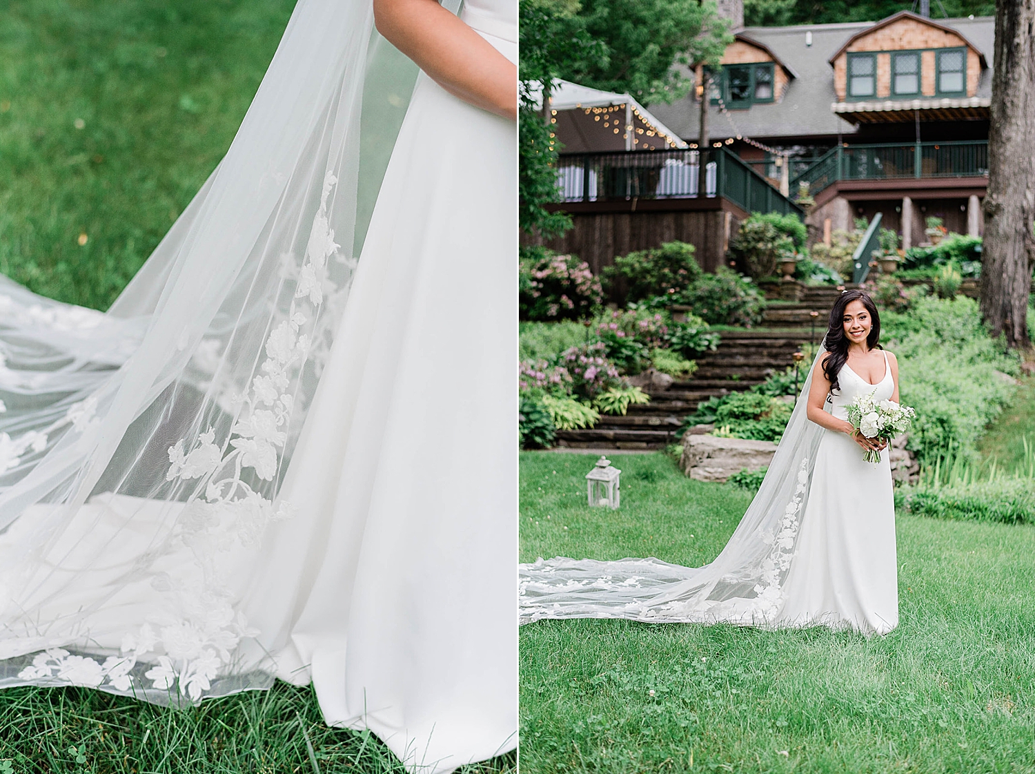 bridal portraits with long veil trailing behind