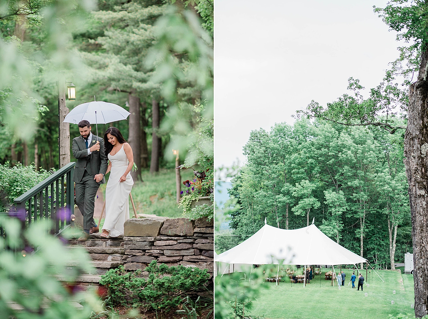 bride and groom walk down stairs to tented reception