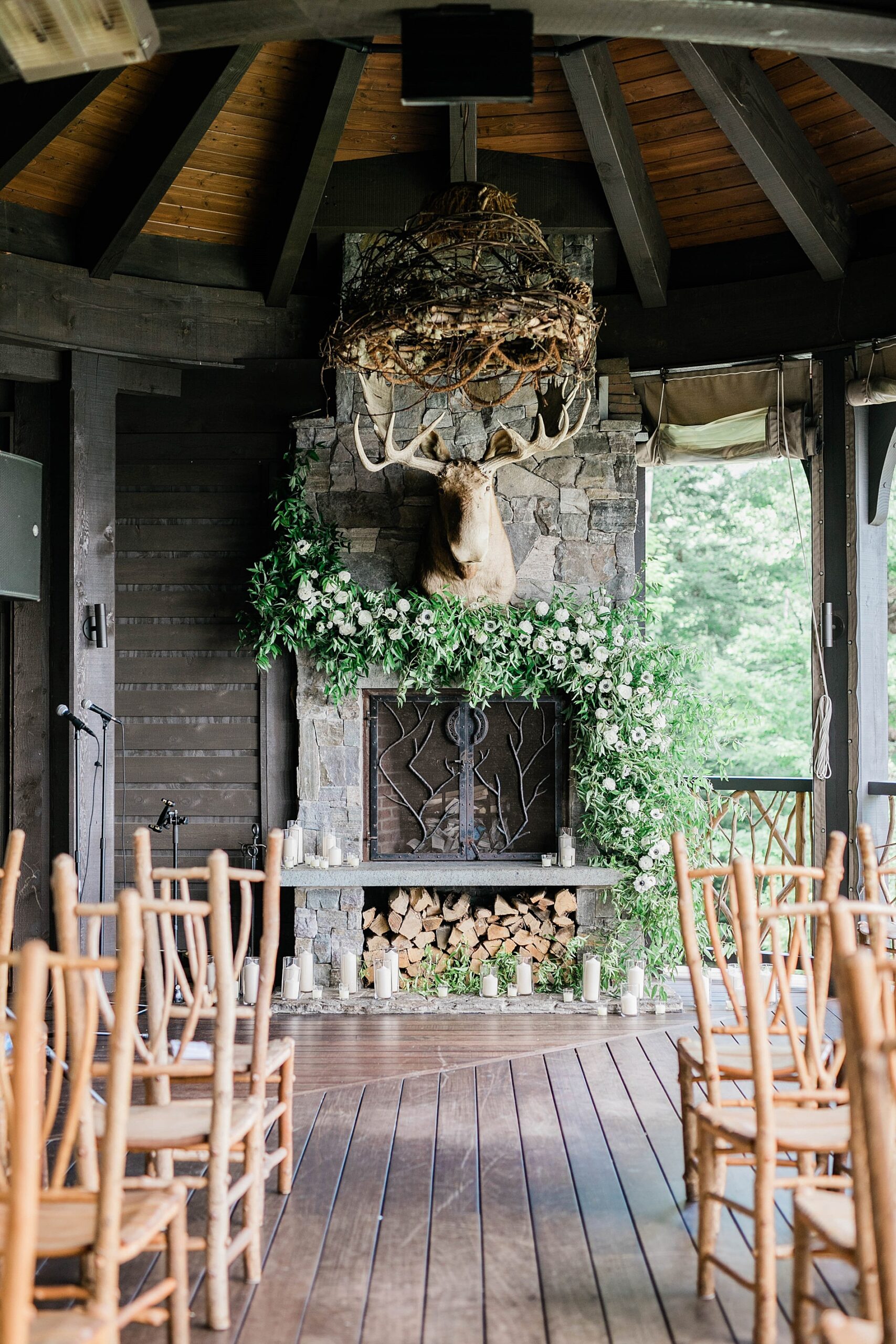 wedding ceremony inside Lake Placid Lodge