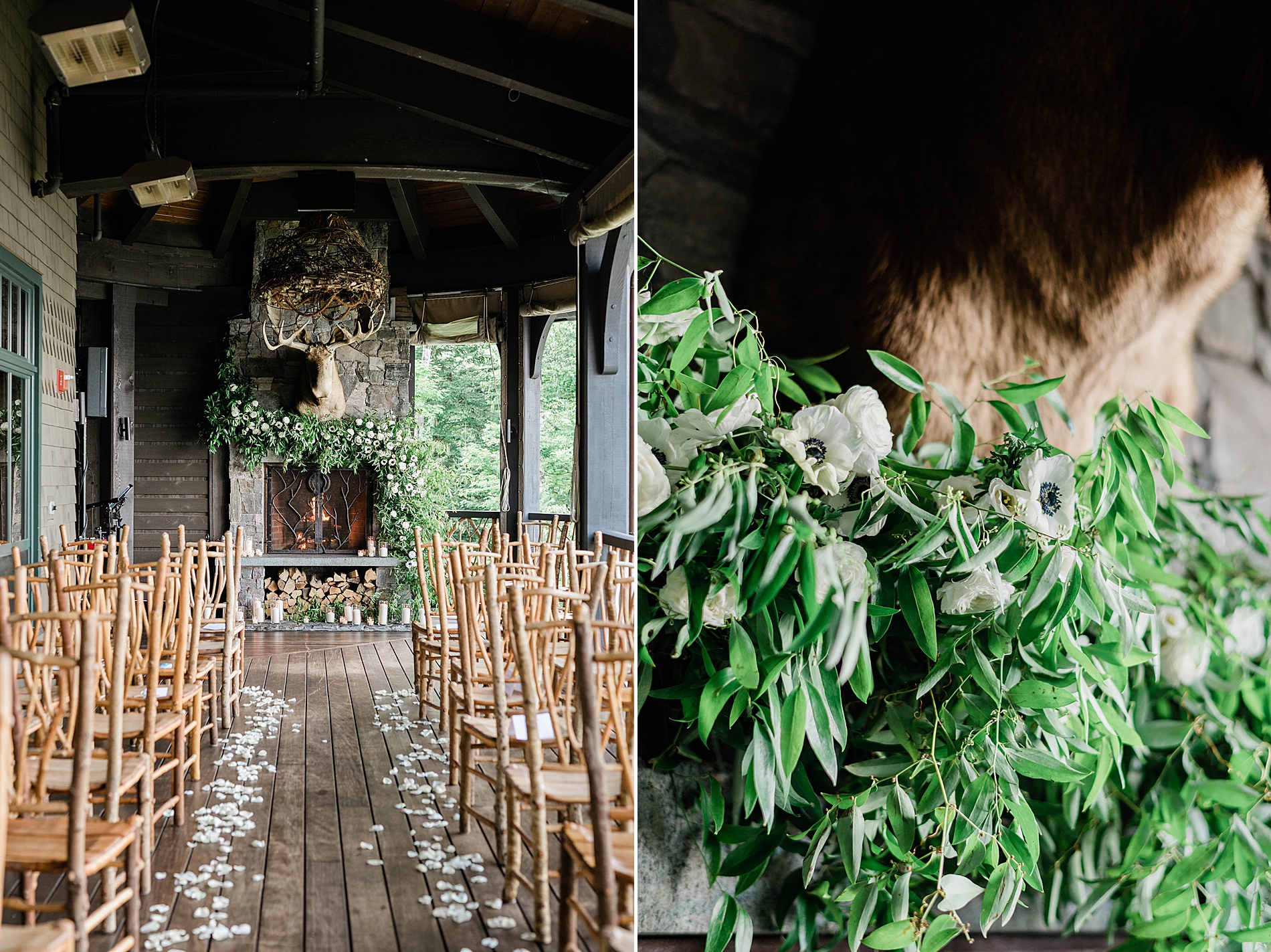 wedding ceremony details with white flowers and greenery cascading off mantel