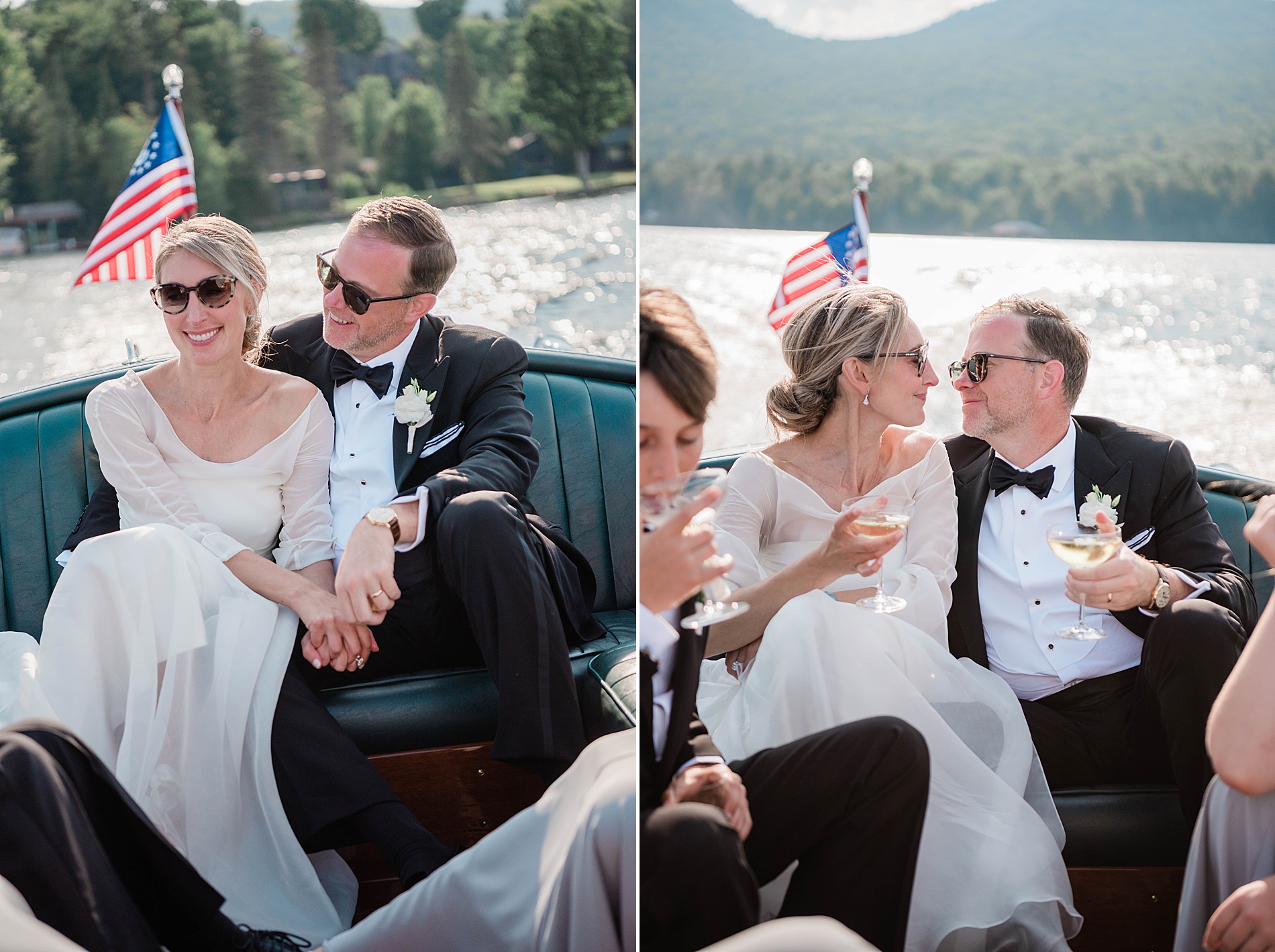 bride and groom photos on a boat after wedding ceremony