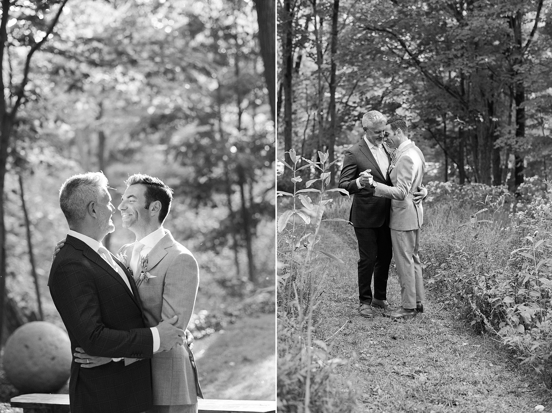 candid wedding portraits of grooms hugging