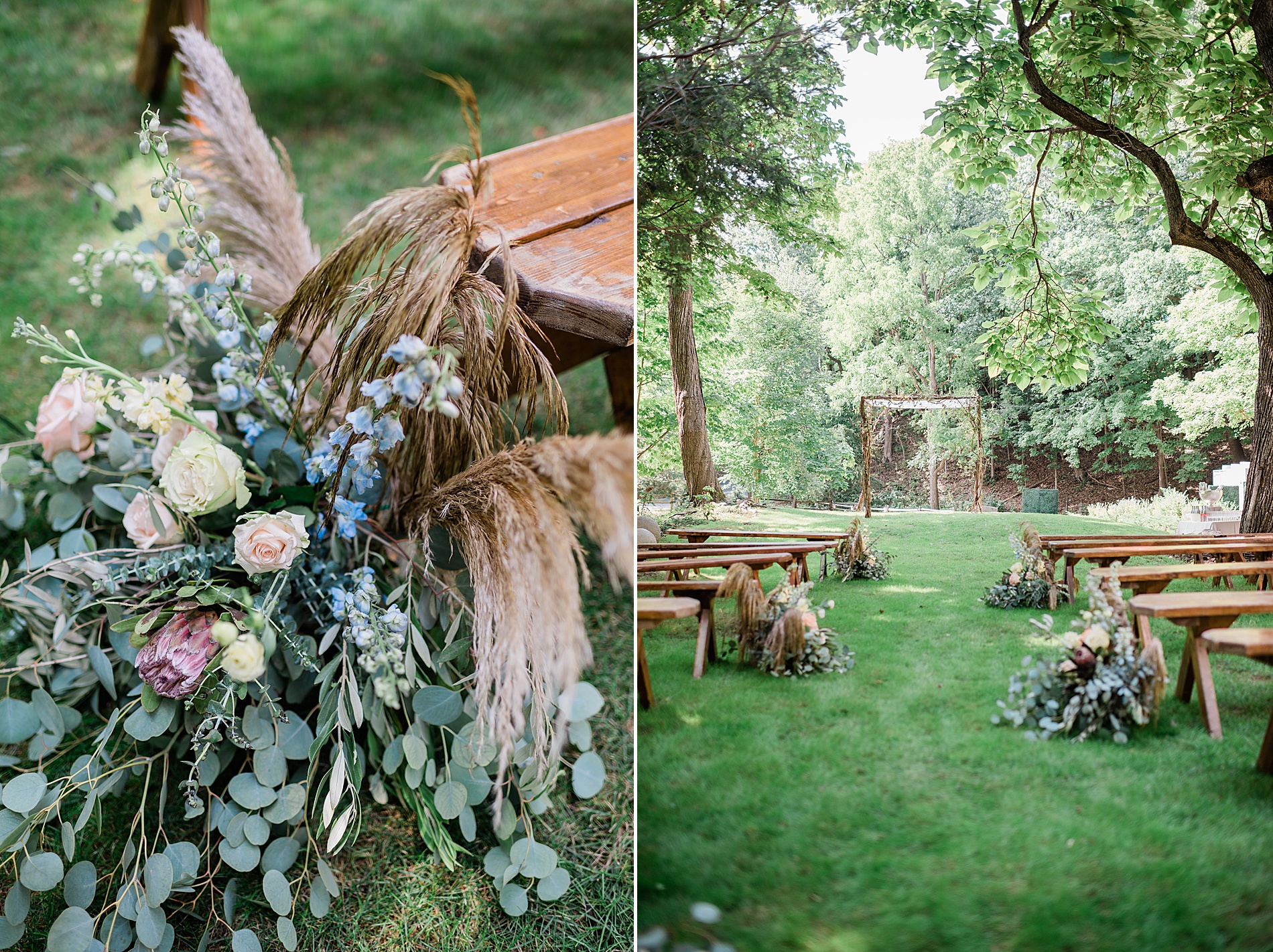 outdoor wedding ceremony with florals lining the aisle