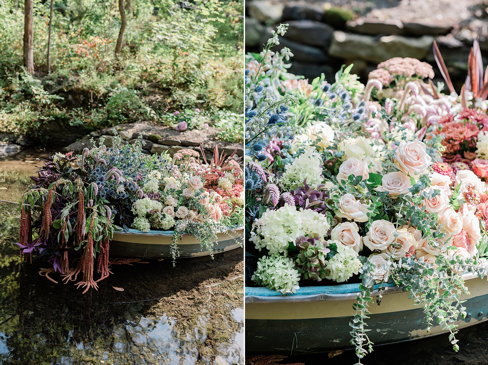 boat on the river filled with florals