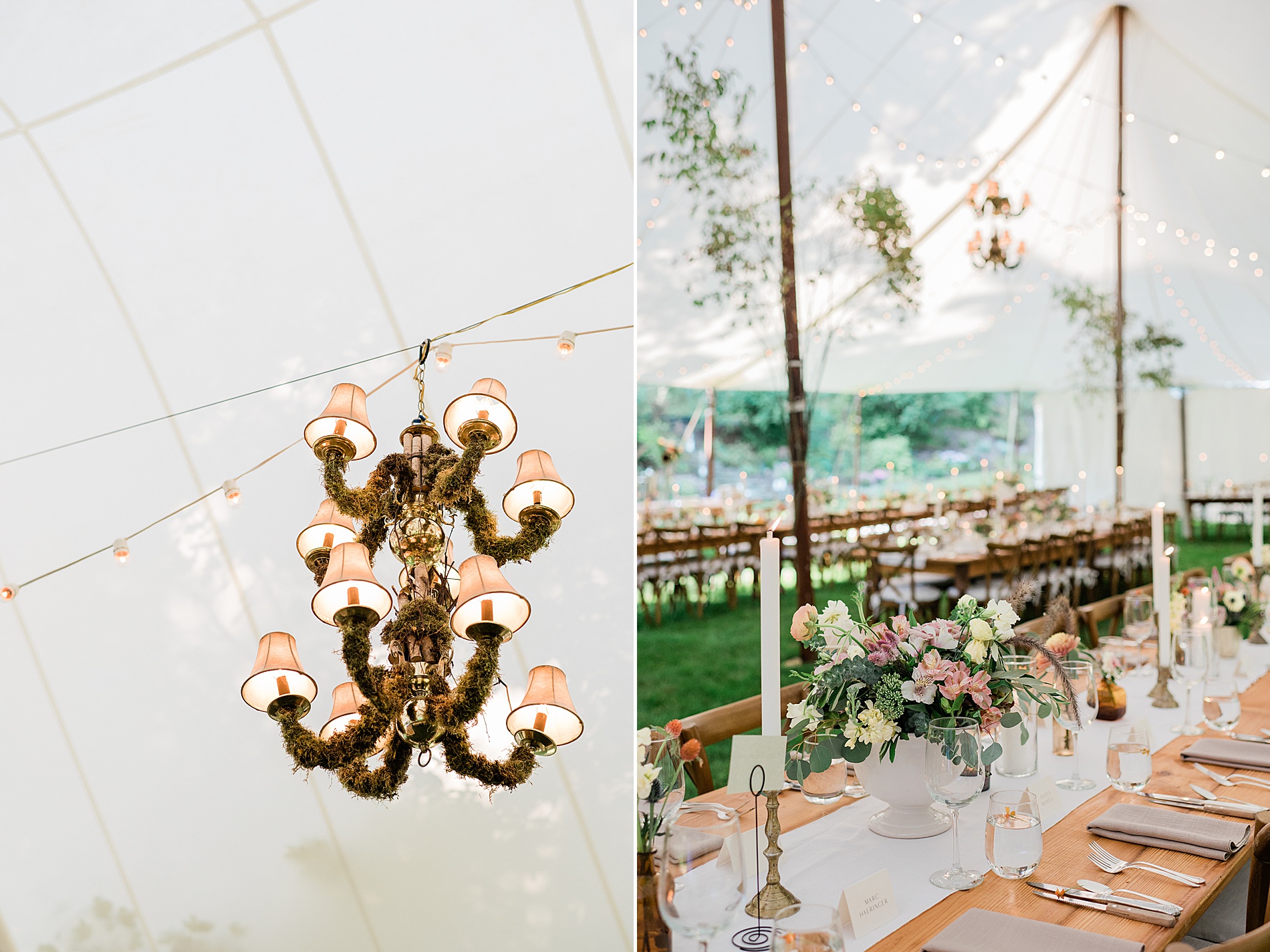 chandeliers hang from tent with long tables set up for elegant wedding