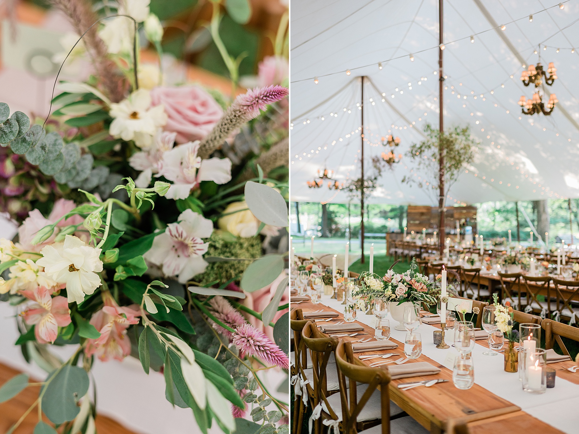 florals decorate tables at tented reception