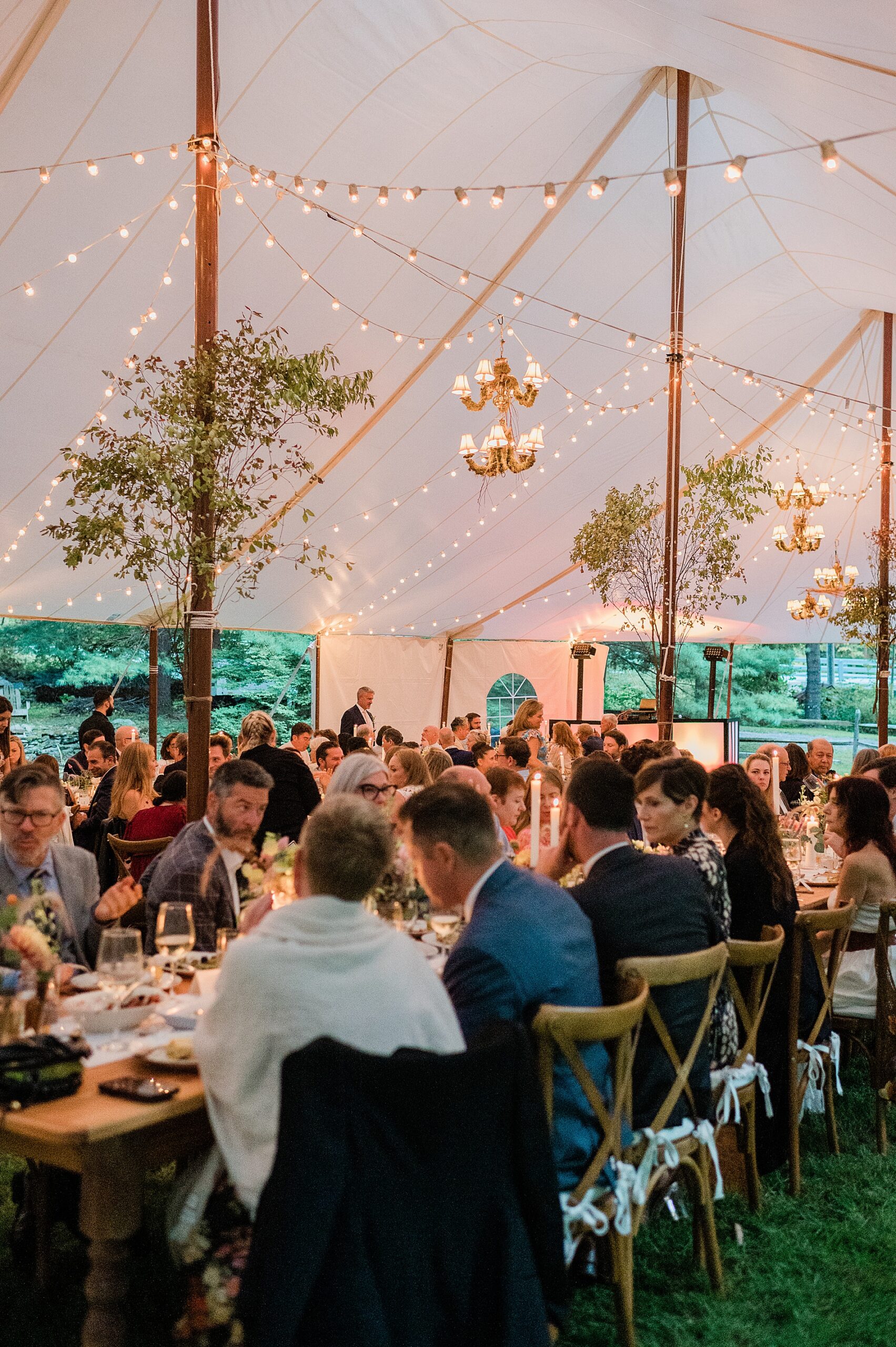 guests sitting to dinner at wedding reception