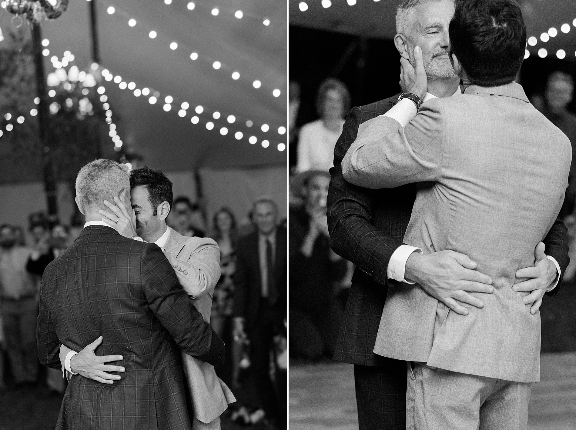 intimate moment between grooms as they dance together at wedding reception