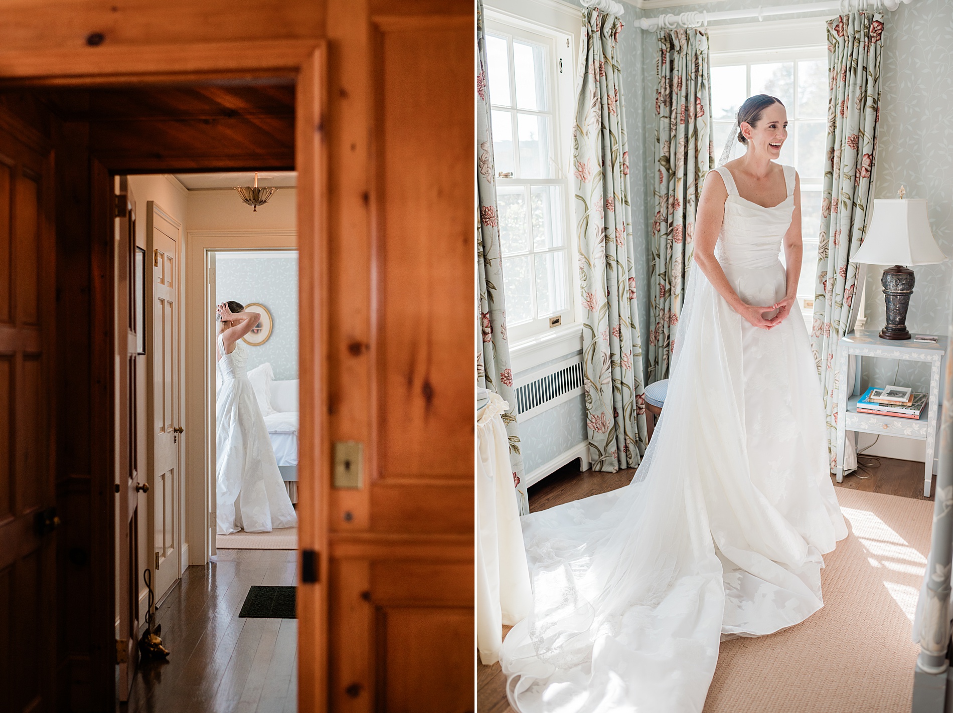 bride in wedding dress waiting for first look with dad