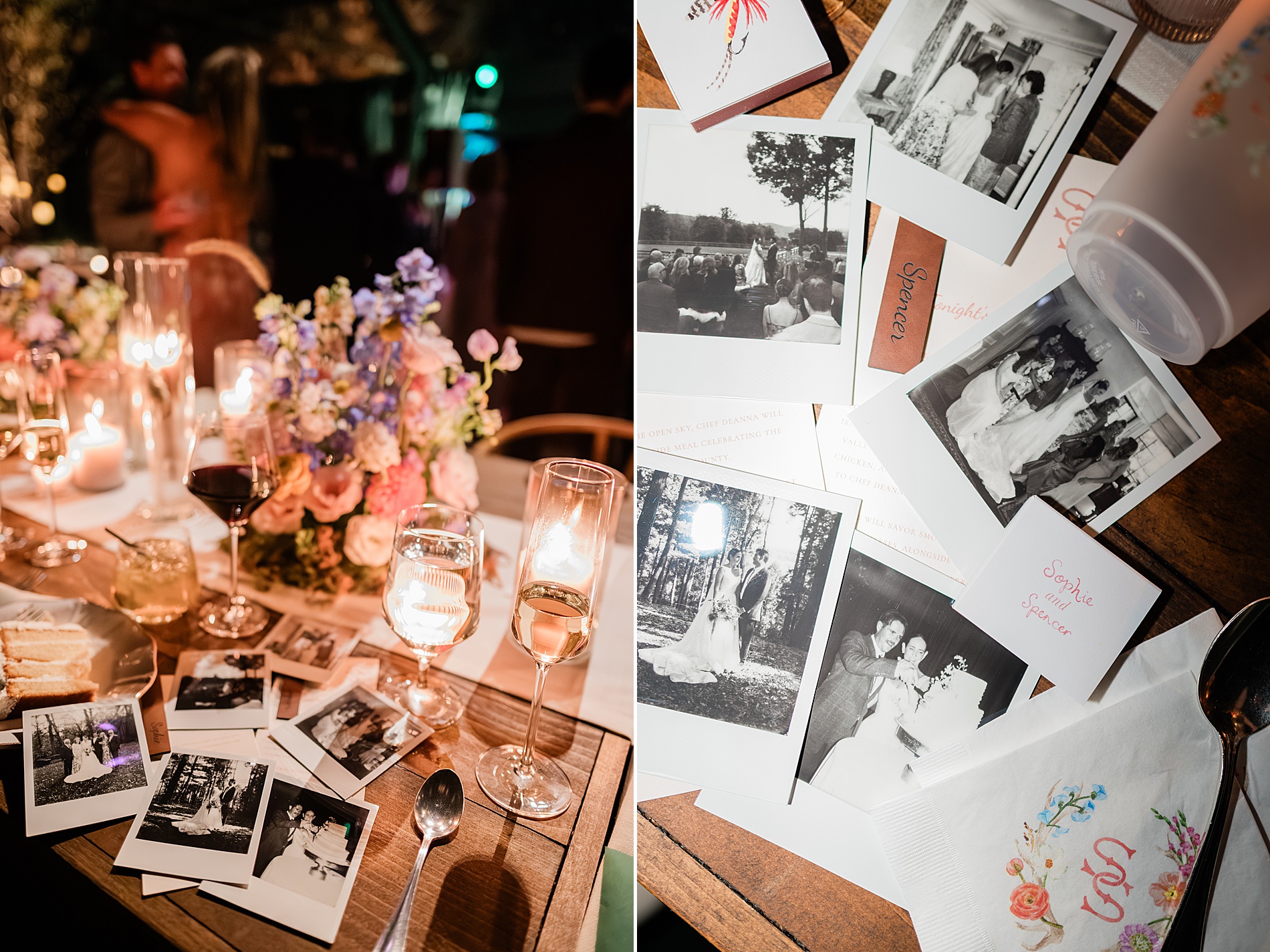 polaroids on table at wedding reception