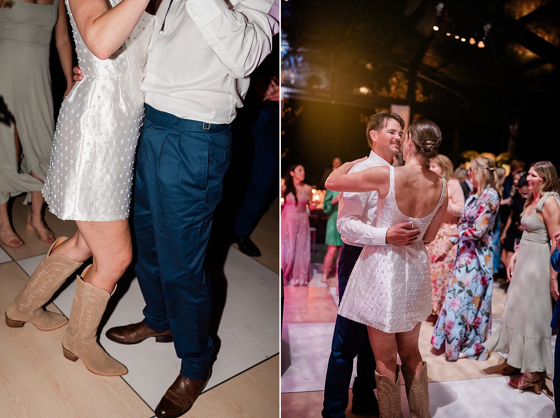 bride and groom in reception outfits dance at reception