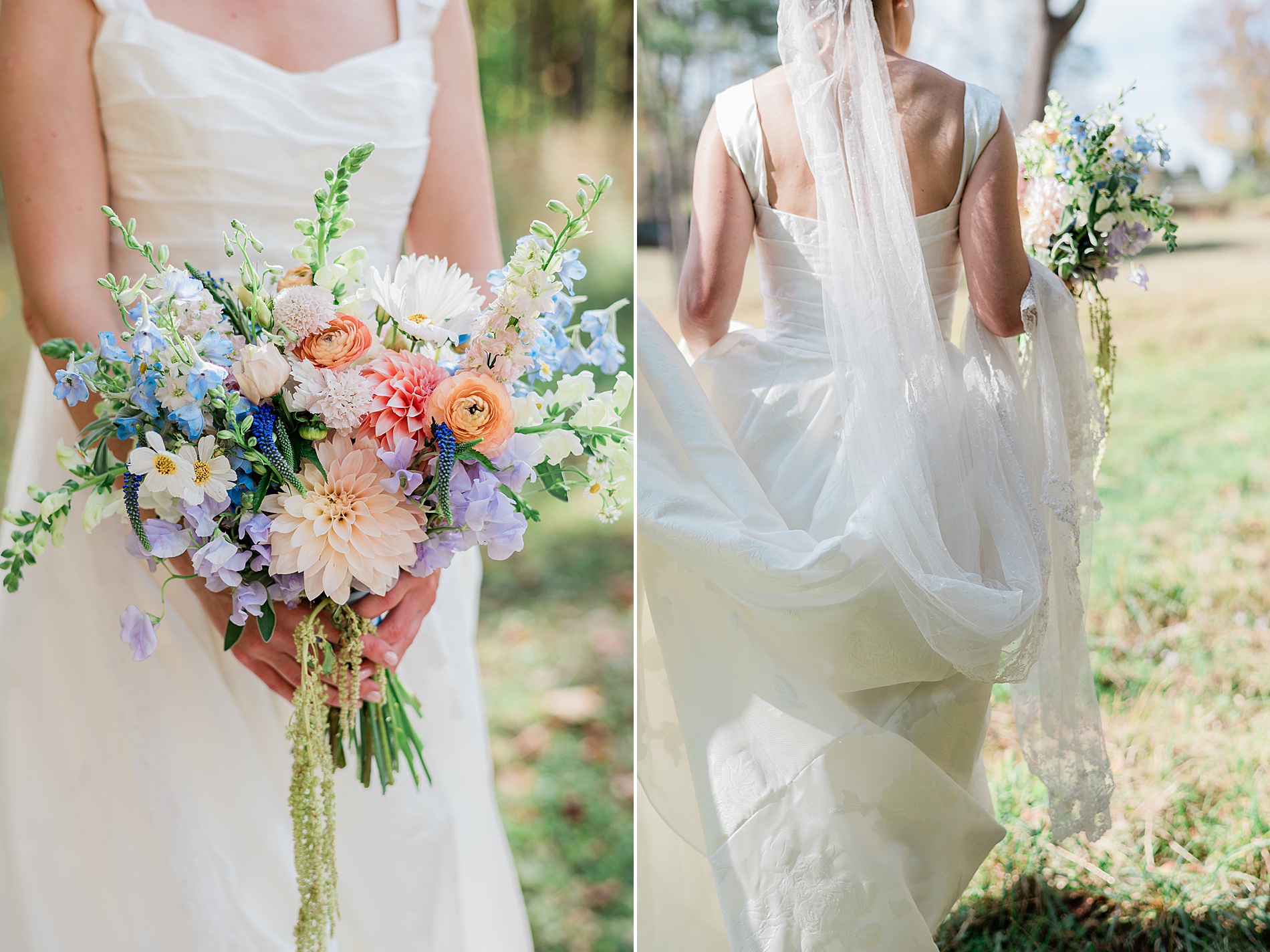 bridal bouquet and veil of bride