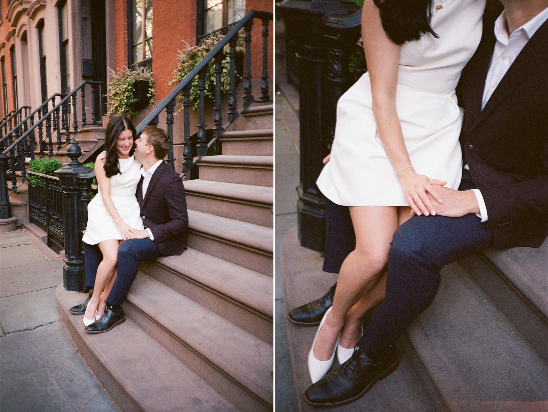 couple sit on stairs leading up to brownstone in NYC engagement session