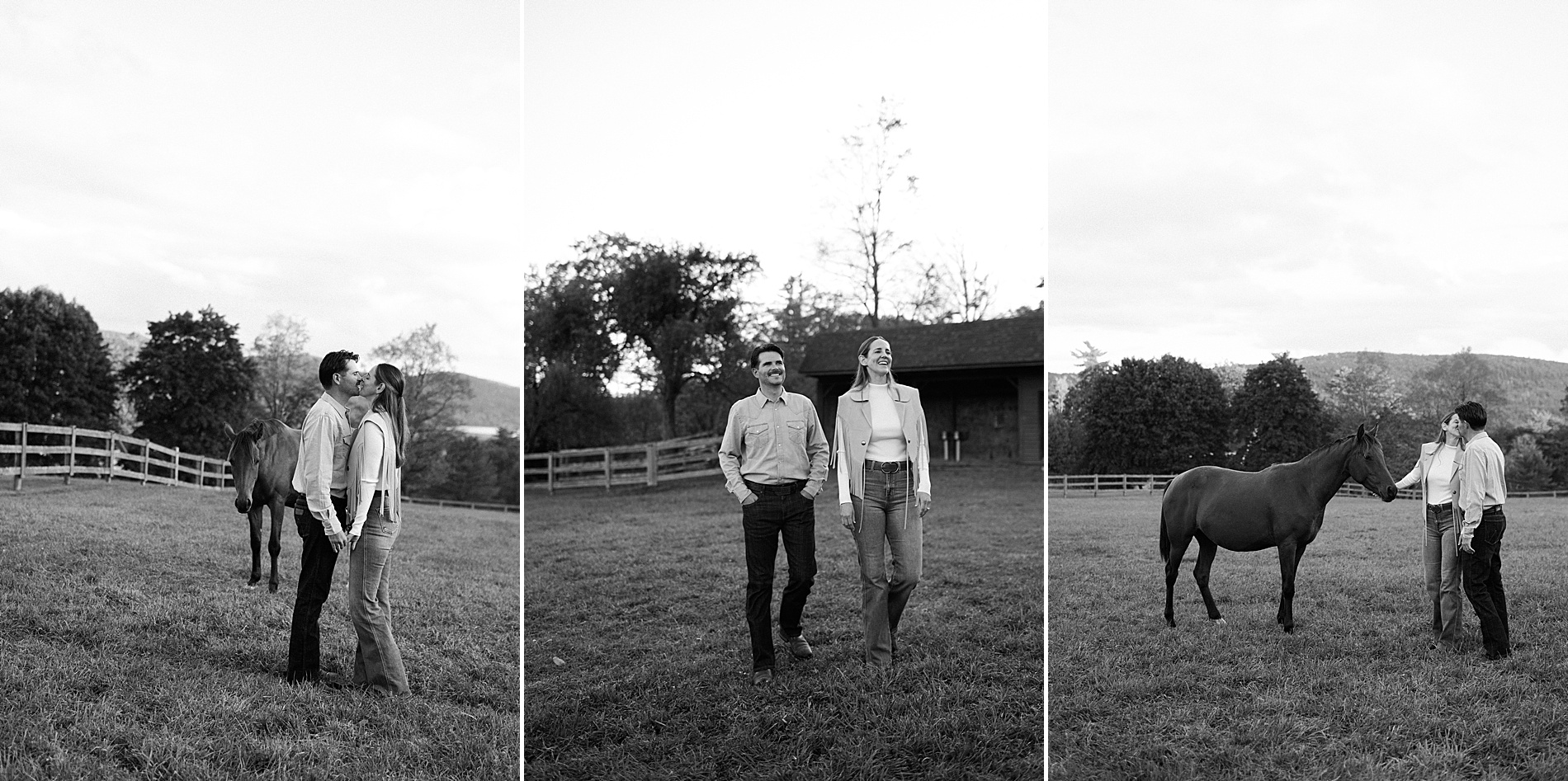 timeless couple portraits in field with family horse 