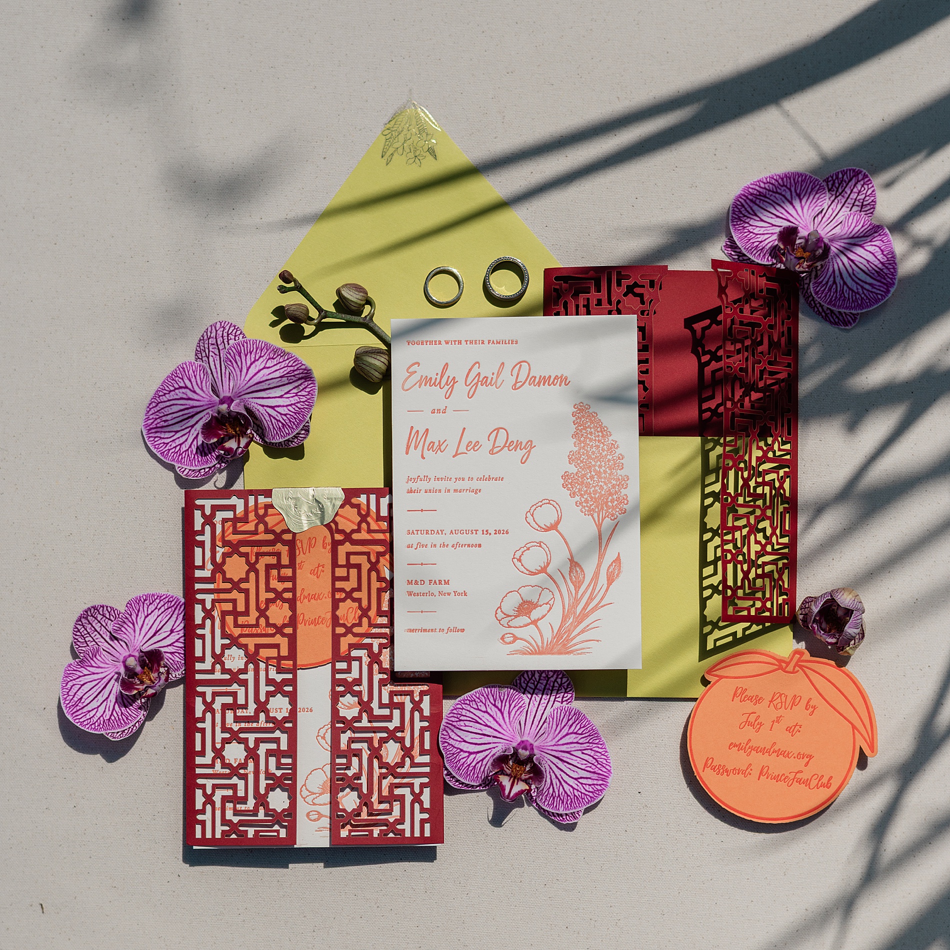 colorful hand-pressed wedding invitations for M&D Farm Garden Wedding in Hudson Valley