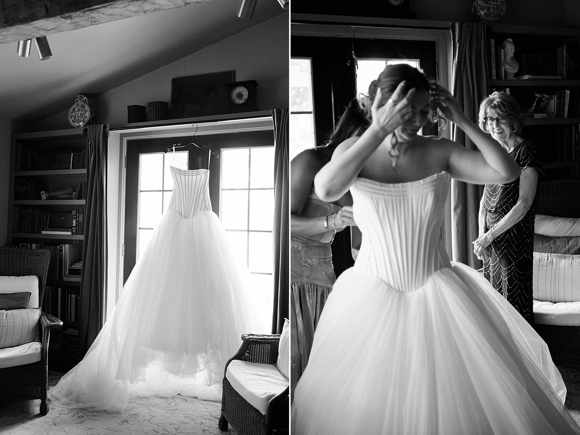 bride getting into wedding dress
