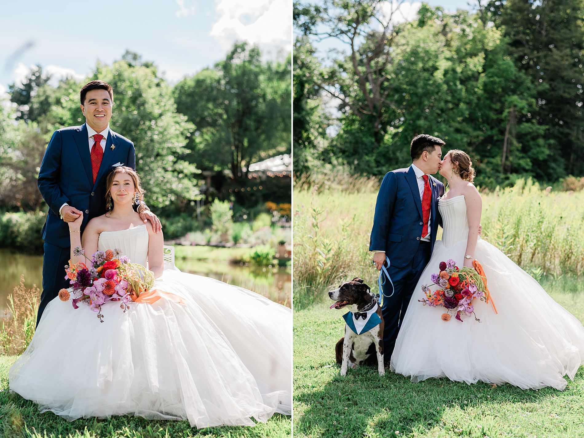 bride holds colorful wedding bouquet with her groom on the property of M&D Farm