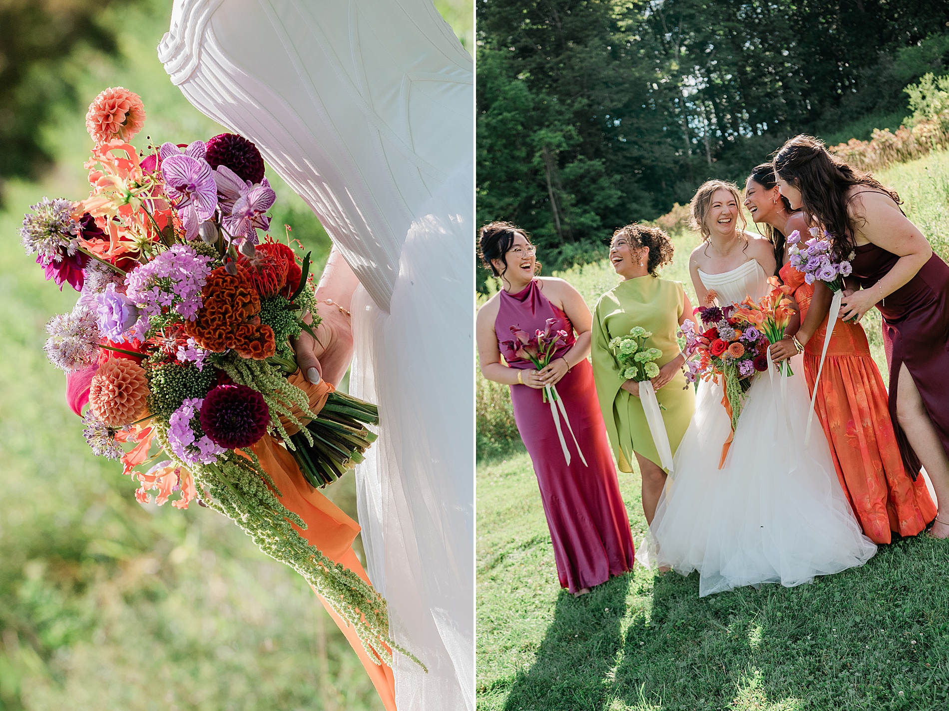 bridesmaids in colorful garden dresses with bride
