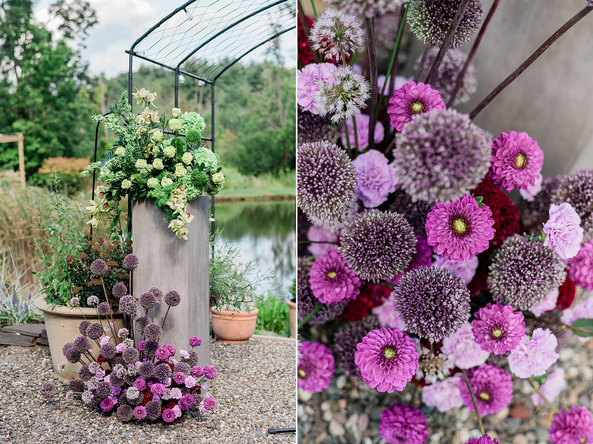 purple flowers decorate wedding ceremony at M&D Farm in Hudson Valley