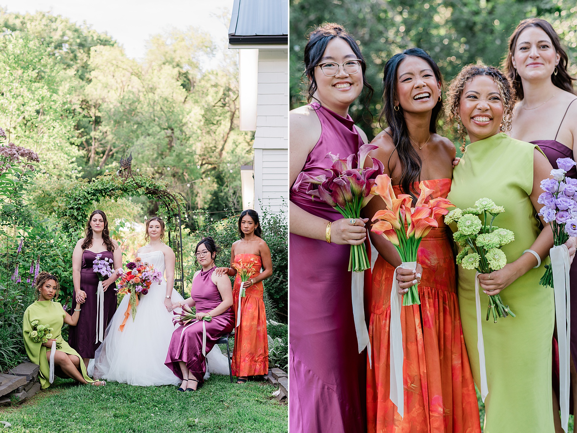 bride and bridesmaids in colorful bridesmaids dresses holding coordinating bouquets
