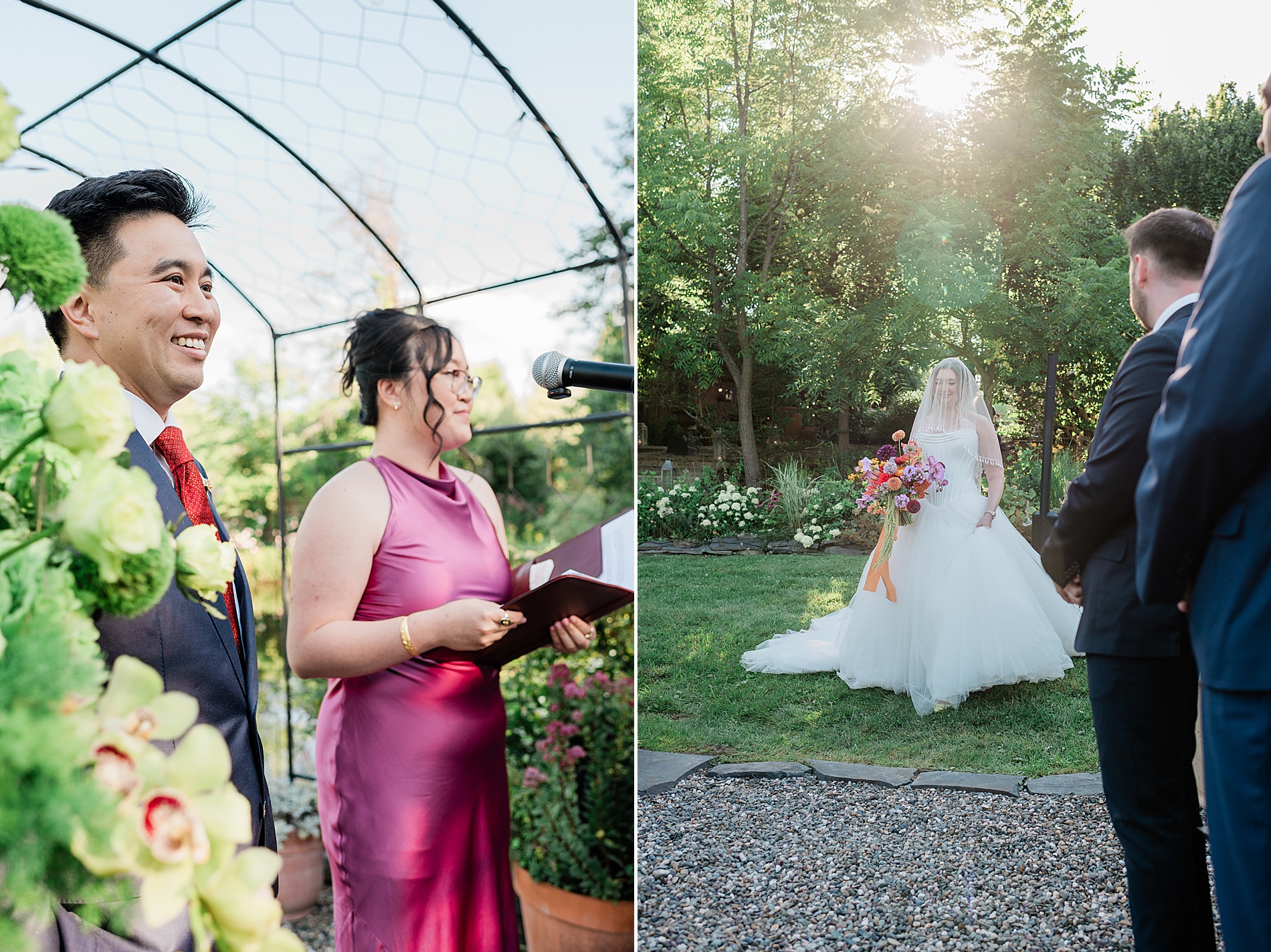 groom watches bride walk down the aisle
