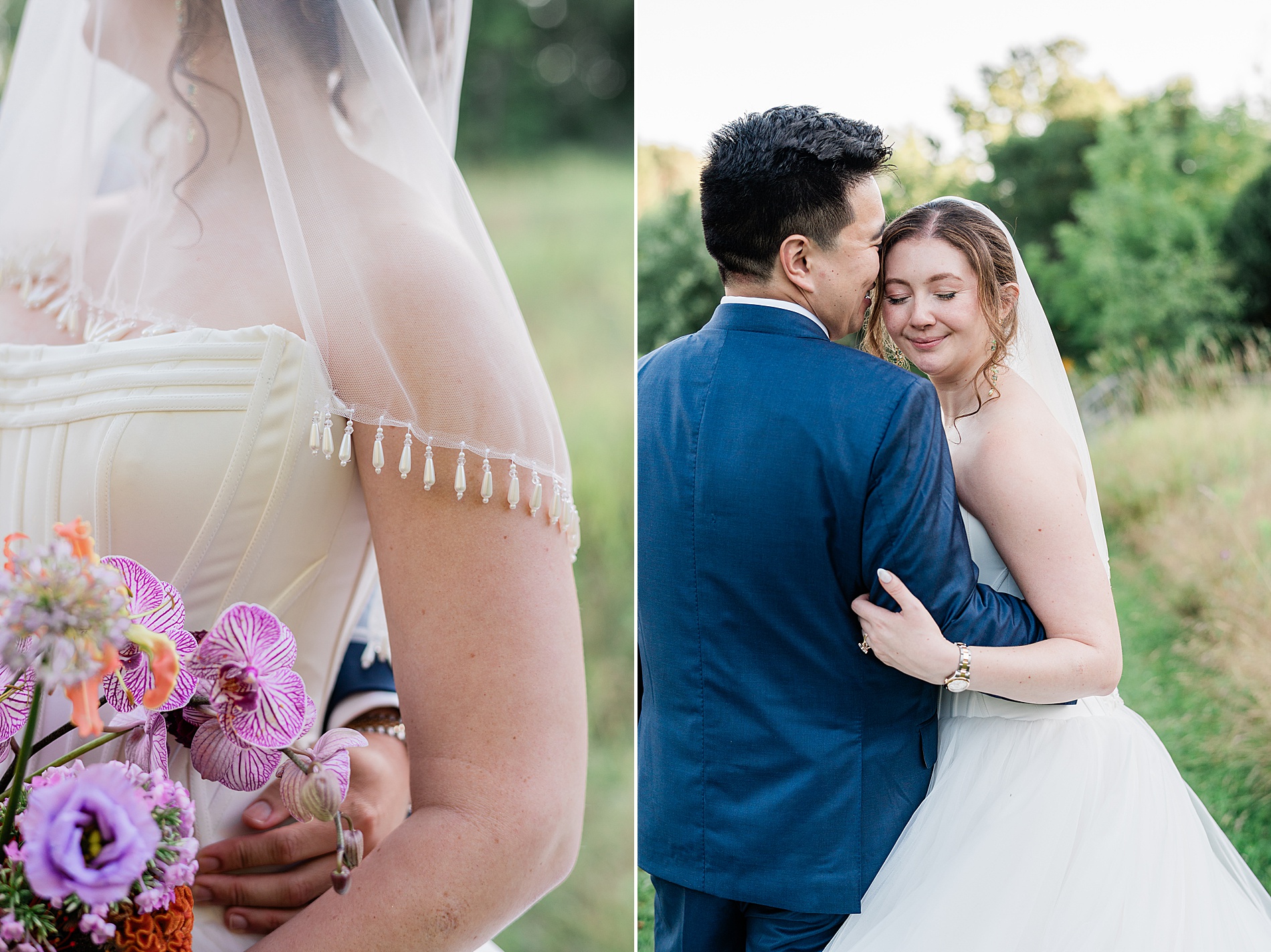 bridal veil details as she hugs groom