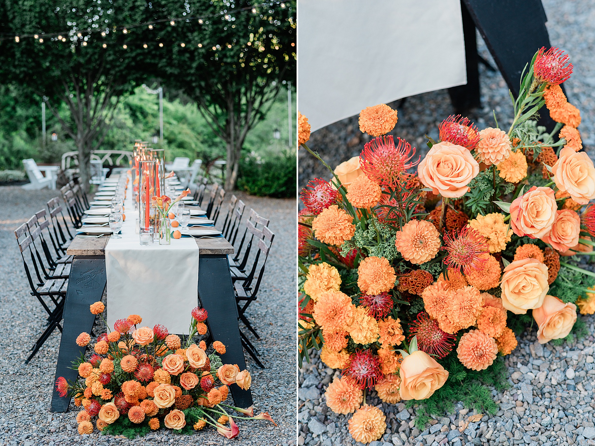 orange themed reception table from M&D Farm Garden Wedding in Hudson Valley