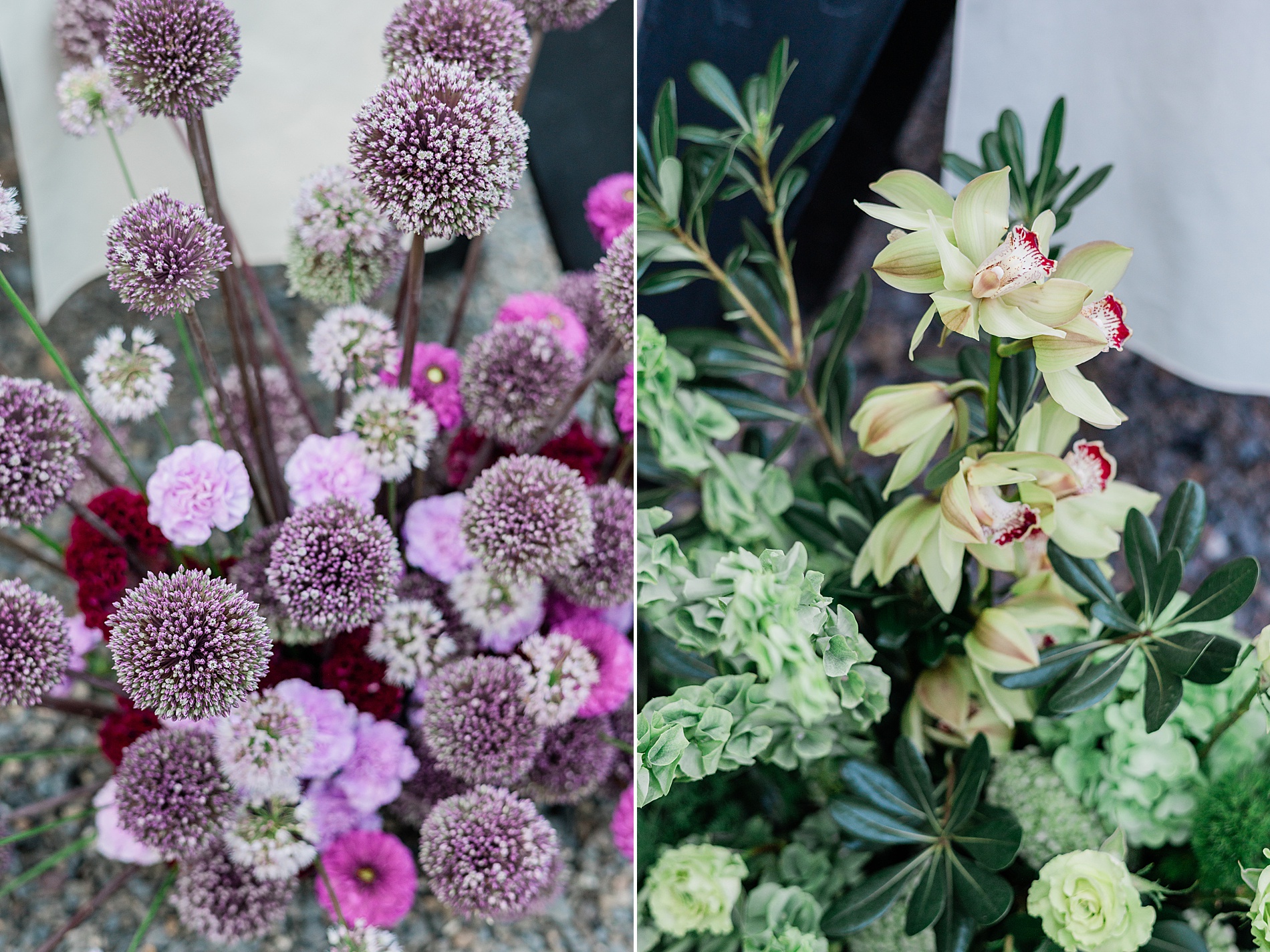 purple bouquet and green and white bouquet of flowers from garden wedding reception at M&D Farms