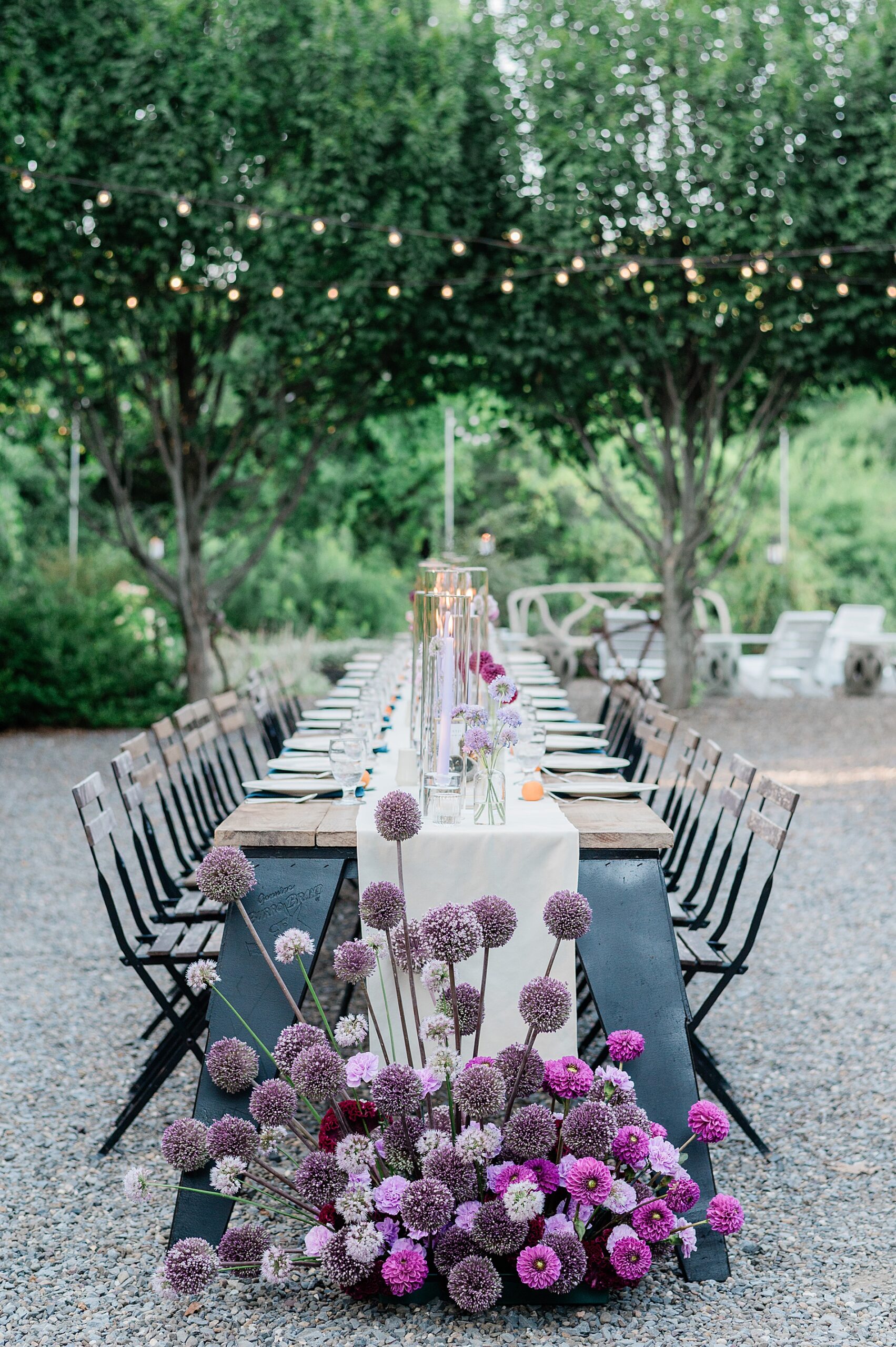 outdoor garden wedding reception under stringed lights at M&D Farms