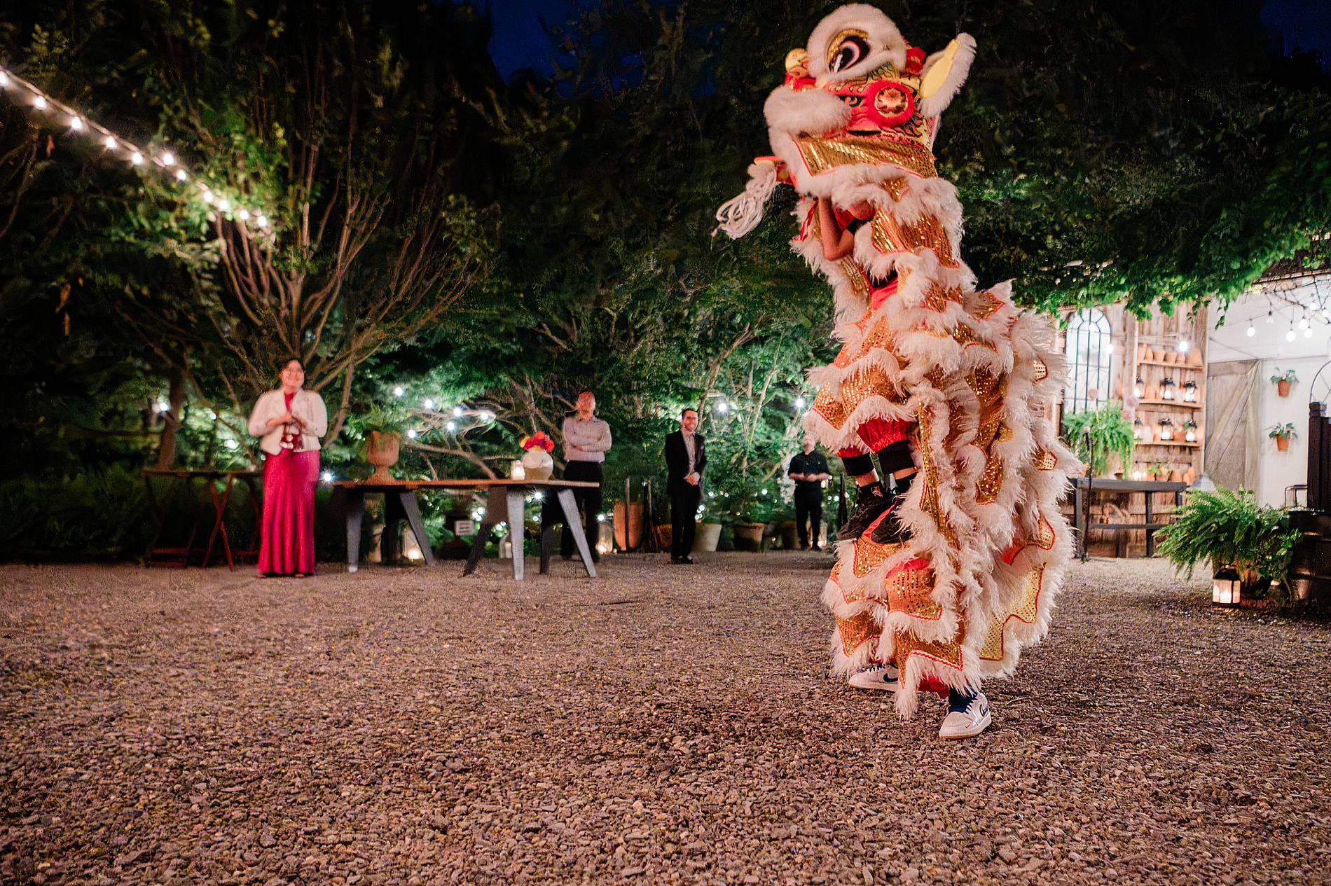 dancing lion entertains guests at reception