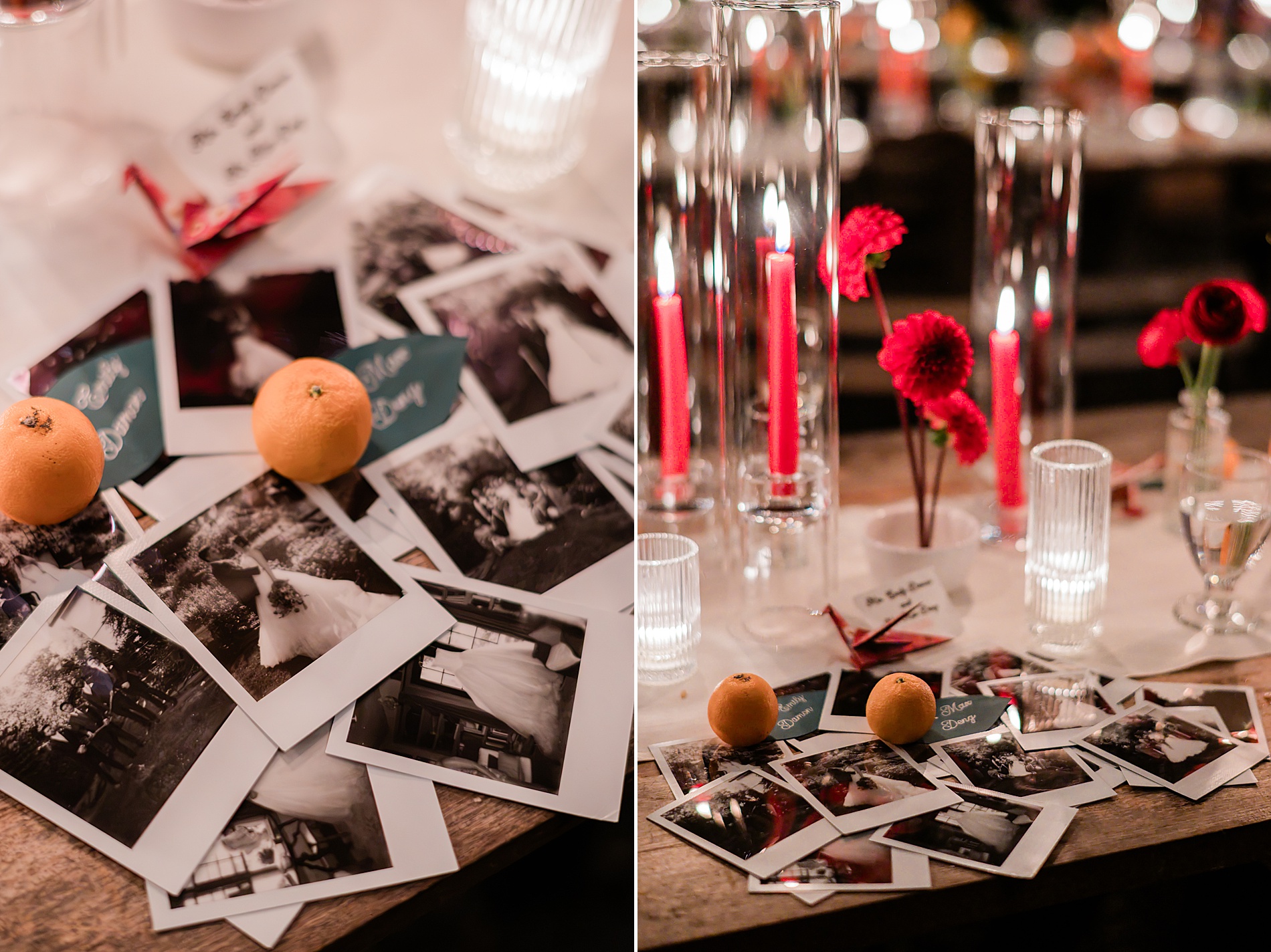 polaroids from M&D Farm Garden Wedding in Hudson Valley on table at reception