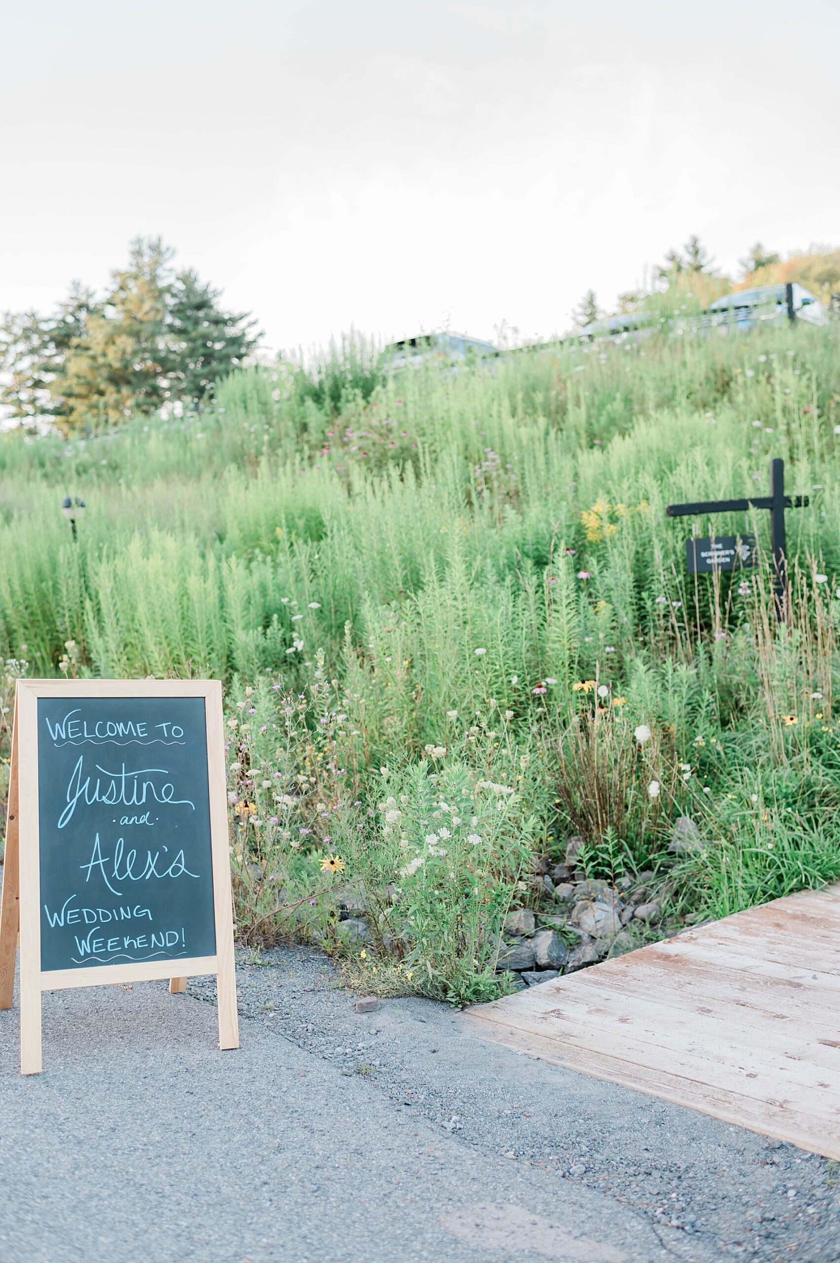 Wildflowers welcome guests to Wedding Welcome Party at Scribner’s Lodge