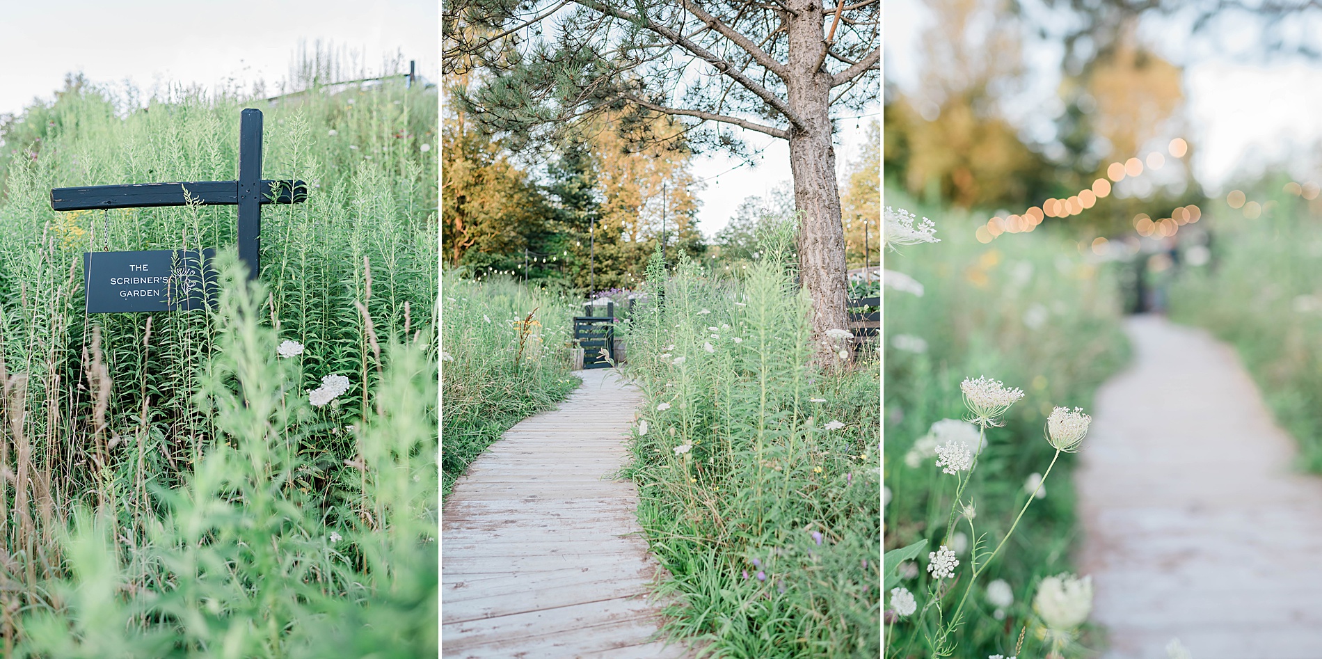 flowers and greenery line path to patio at Scribner’s Lodge