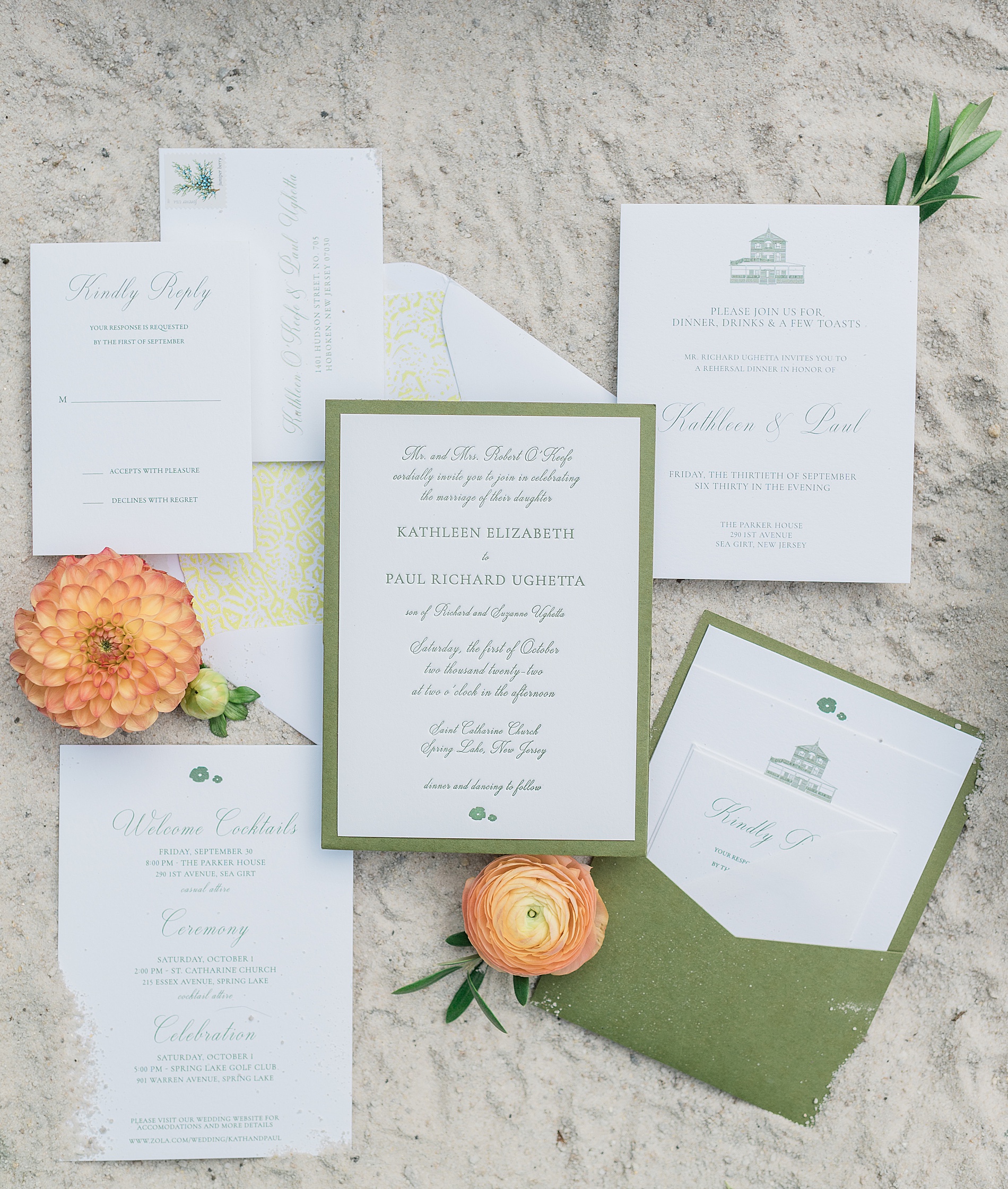 wedding invitation flat lay on beach in Spring Lake