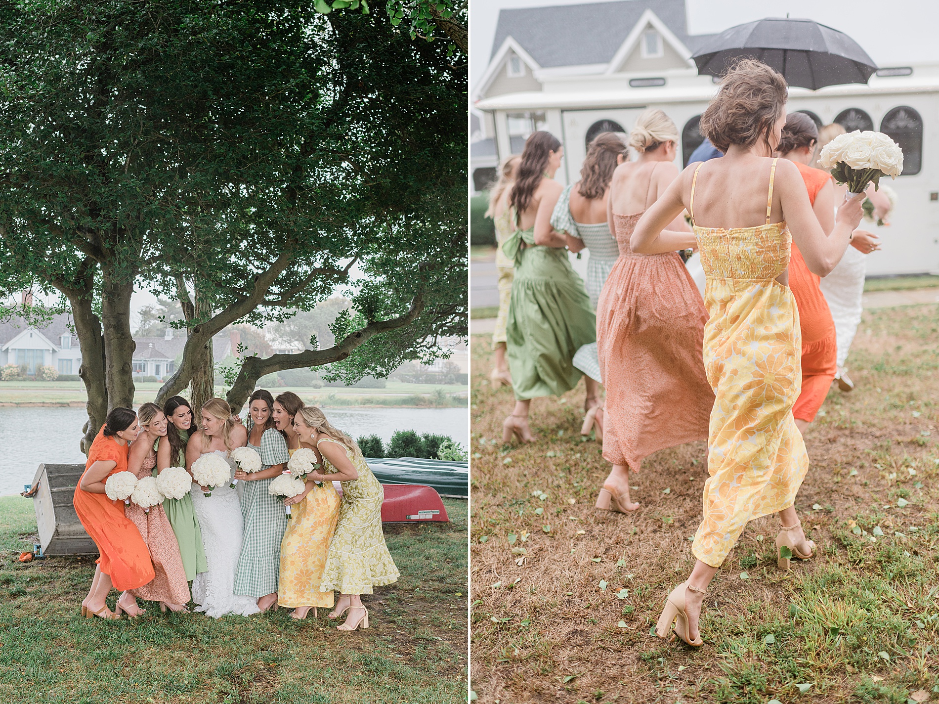 bridesmaids in colorful dresses head to ceremony at Rainy Spring Lake Wedding 
