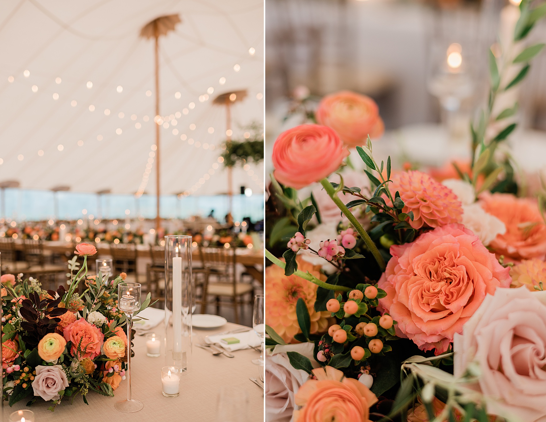 orange and pink florals at reception 