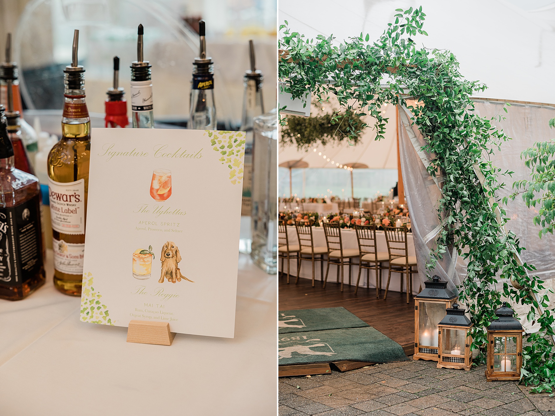 reception details with greenery and custom signature cocktail sign